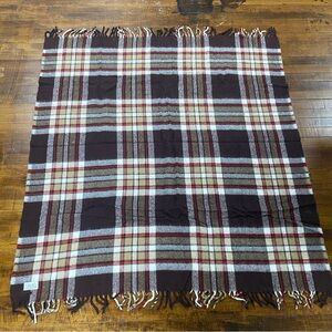 Vintage Faribo Fluff-Loomed Brown Tan Red Plaid Fringe Blanket 52” x 55”